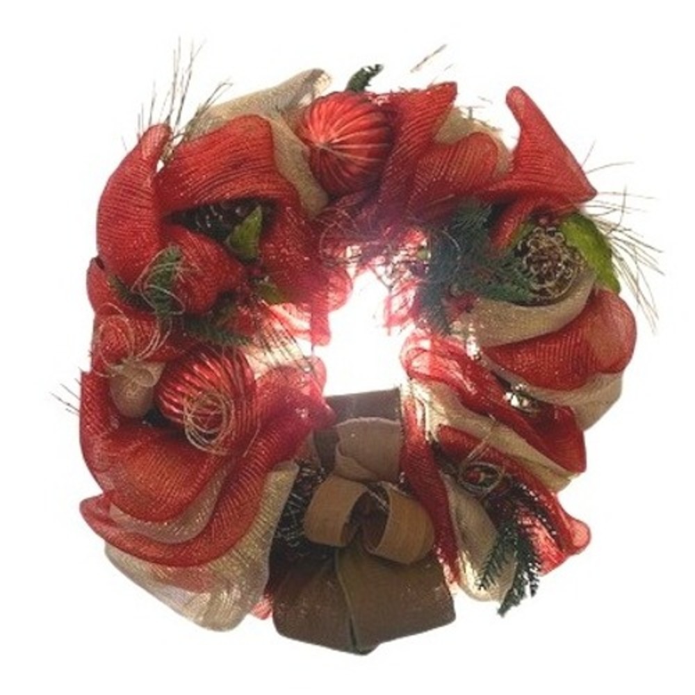 Christmas Deco Mesh Wreath Red Gold Burlap Rustic Holiday Door Decor Pinecones